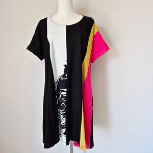 TEXBIKA by ALEMBIKA Multicolor Panel Knit Trapeze Dress Short Sleeve Pocket